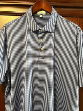 Like New Peter Millar Summer Comfort Stretch Blue &Gray Striped Performance Polo